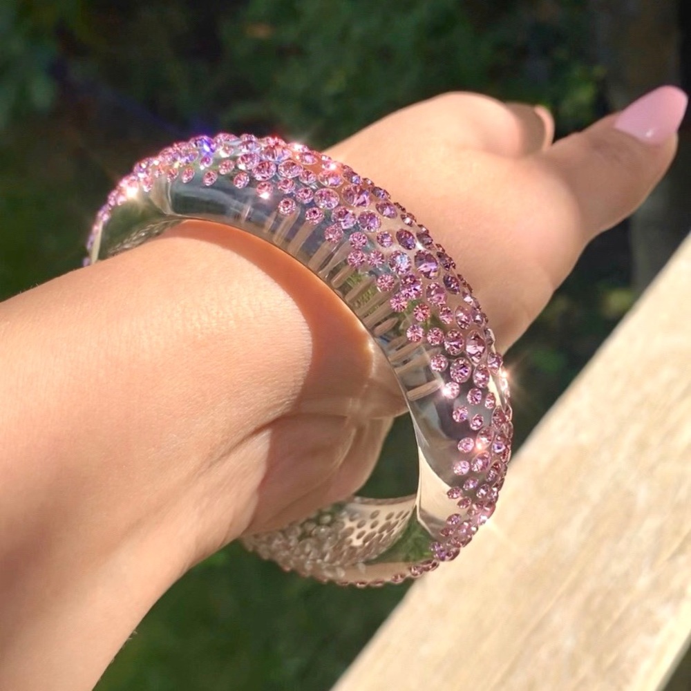 Clear Lucite bangle Embellished with pink European Crystal Stone Elements, New